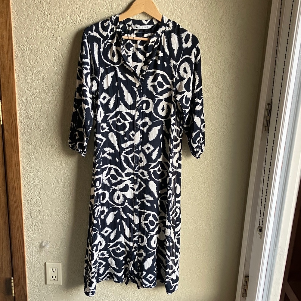 Zara button front cream and black dress